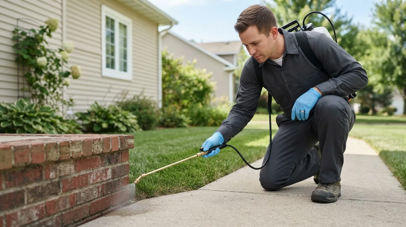 Pest control technician treating a home near Oakland, IA