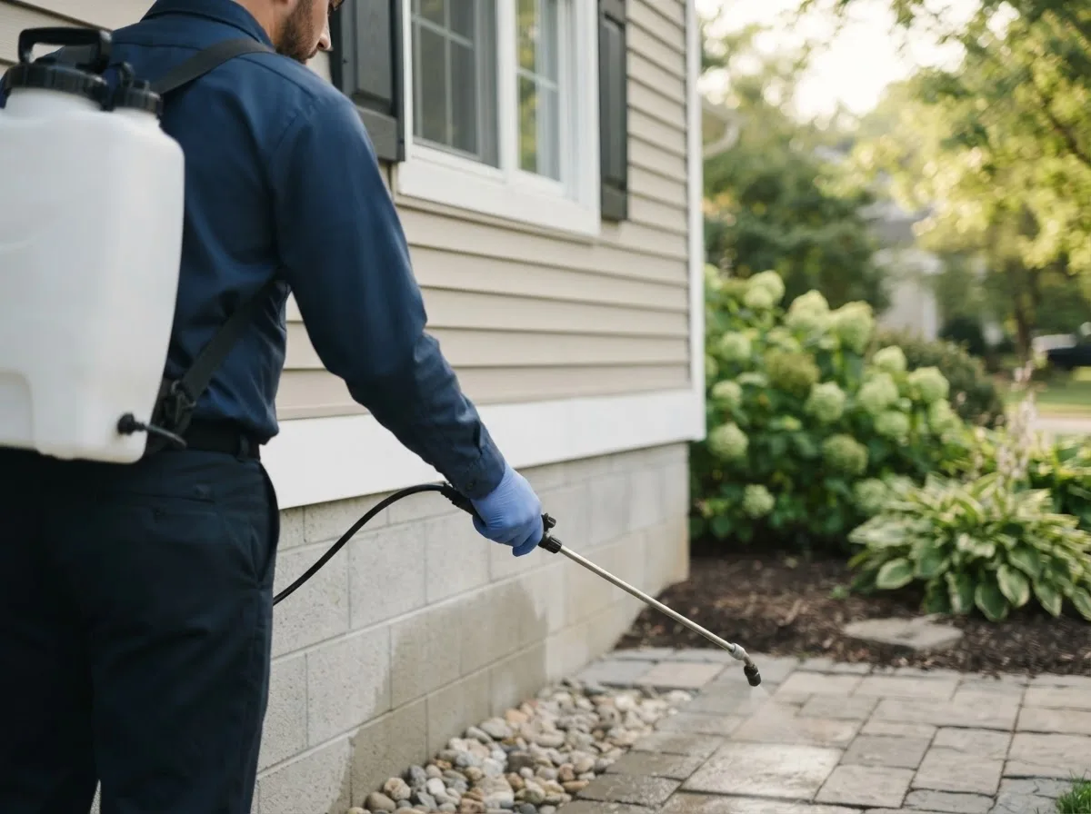 Pest control technician inspecting a home in Oakland, IA